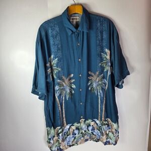 Campia Moda Mens Large Blue Hawaiian Shirt Palm Tree Tropical Rayon Short Sleeve